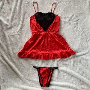 Vintage Darlina Nylon Red Black Lace Heart Lingerie Pajama Set Cami & Panty Sz M